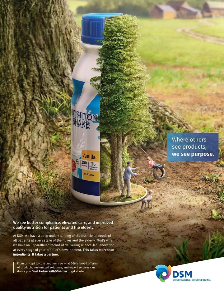 Supplements & Protein creative ad: Nutrition shake bottle cut away to reveal a tree with a miniature grandfather, child on a tire swing and a dog
