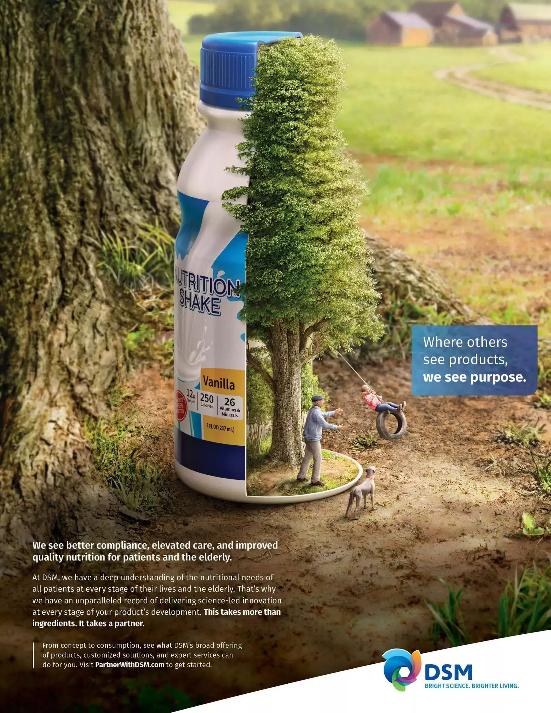 Poster: Nutrition shake bottle cut away to reveal a tree with a miniature grandfather, child on a tire swing and a dog