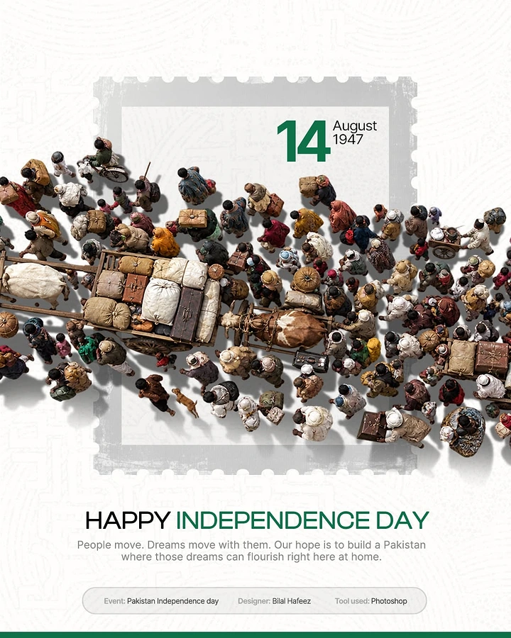 Independence Day creative ad: Top-down crowd of 1947 migrants with carts spilling out of a postage stamp