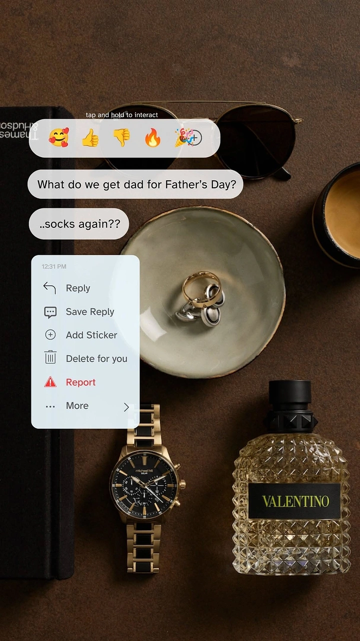 Father's Day creative ad: Men's gift flat lay with mock DM chat overlay