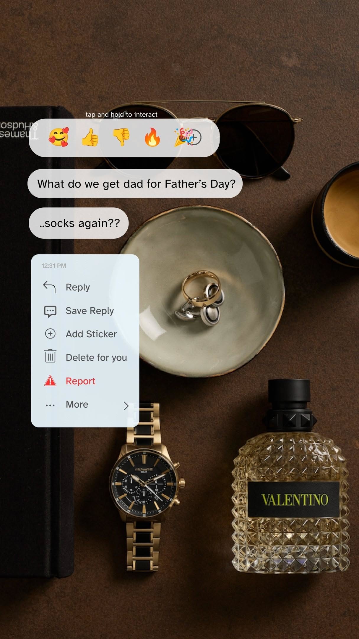 Father's Day Story: Men's gift flat lay with mock DM chat overlay