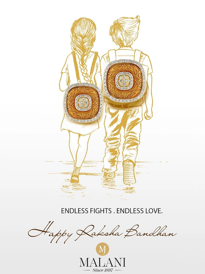 Raksha Bandhan creative ad: Sketched siblings wearing jewels as backpacks