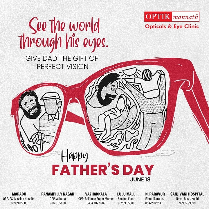 Father's Day creative ad: Oversized red spectacles whose lenses contain sketched father-child memories
