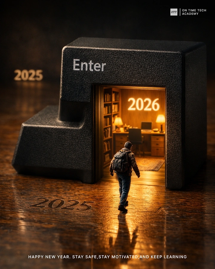 New Year creative ad: Miniature student walking into a glowing room inside a giant Enter key