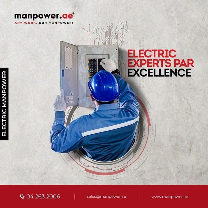Electricians creative ad: Worker reaching into panel through wall hole