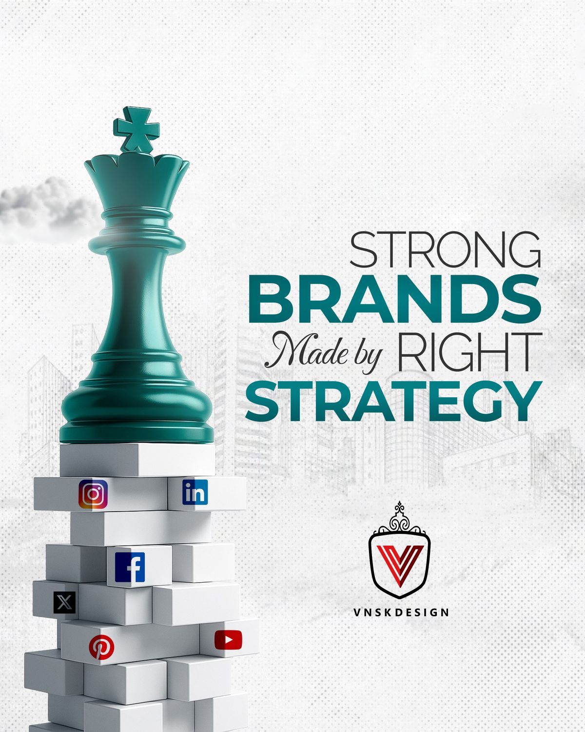 Chess king atop social-icon block tower