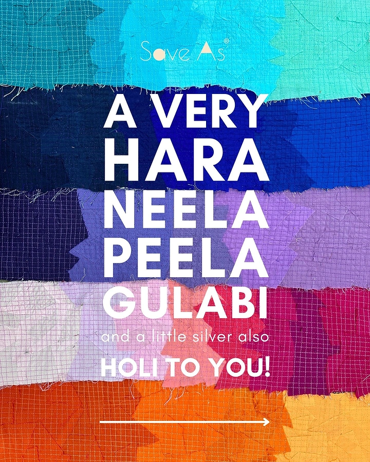 Holi creative ad: Horizontal bands of torn, grid-stitched coloured fabric patches