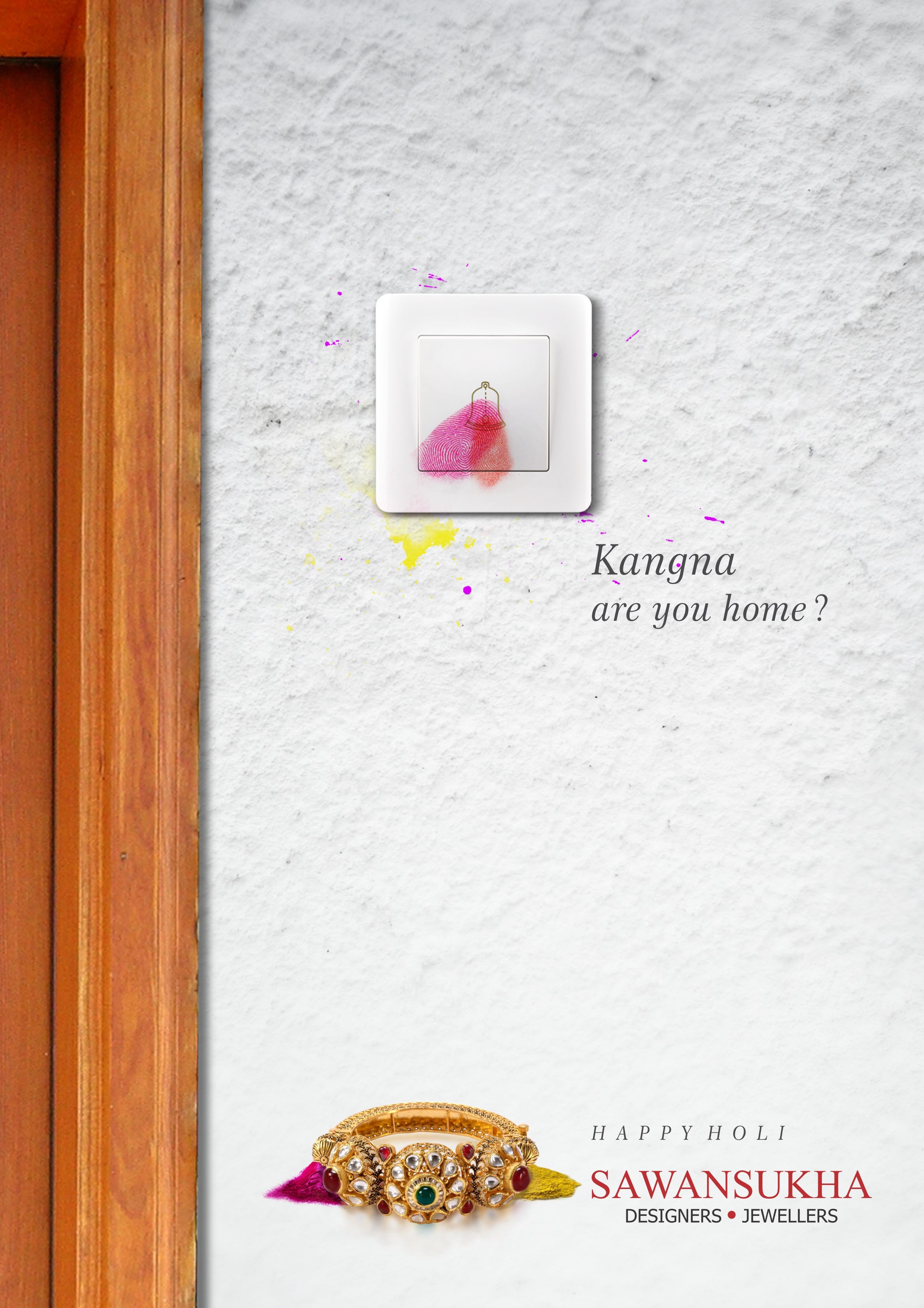Holi Poster: Doorbell switch smeared with a pink gulal fingerprint