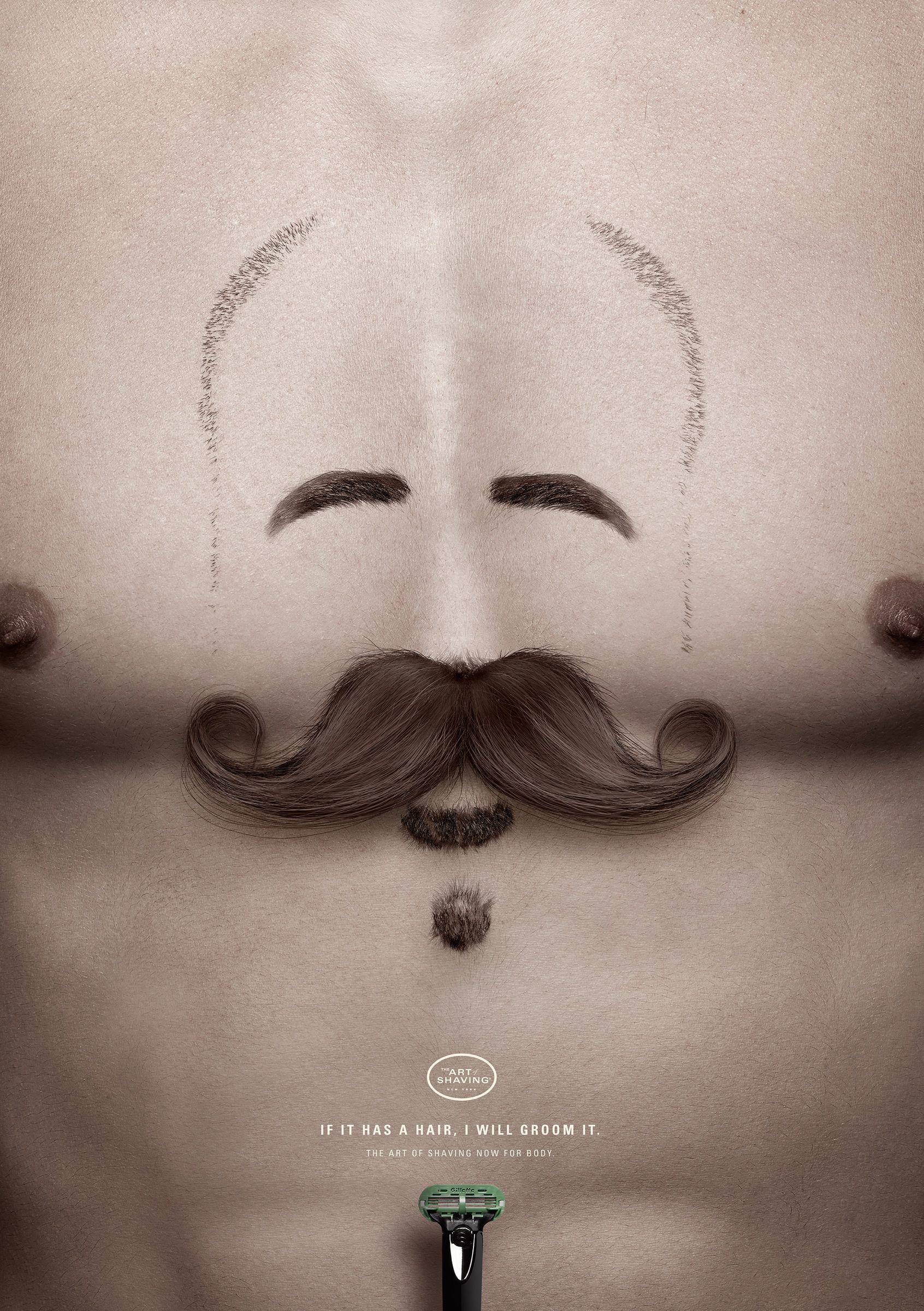 Poster: Male torso with body hair groomed into a face with a handlebar moustache