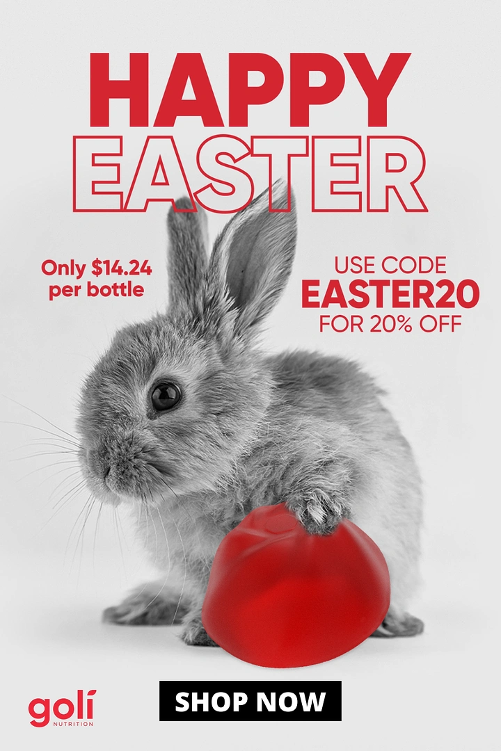 Easter creative ad: Black-and-white bunny holding a red gummy