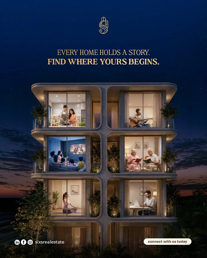 Creative ad: Night-time apartment block with glowing windows showing families living inside