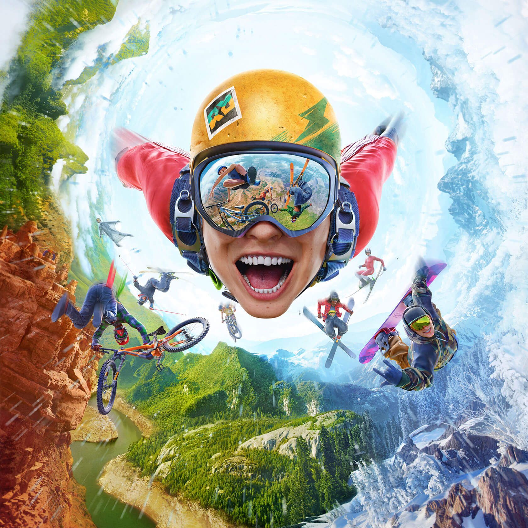 Story: Close-up extreme-sports athlete surrounded by mountain, cycling, skiing, and paragliding action