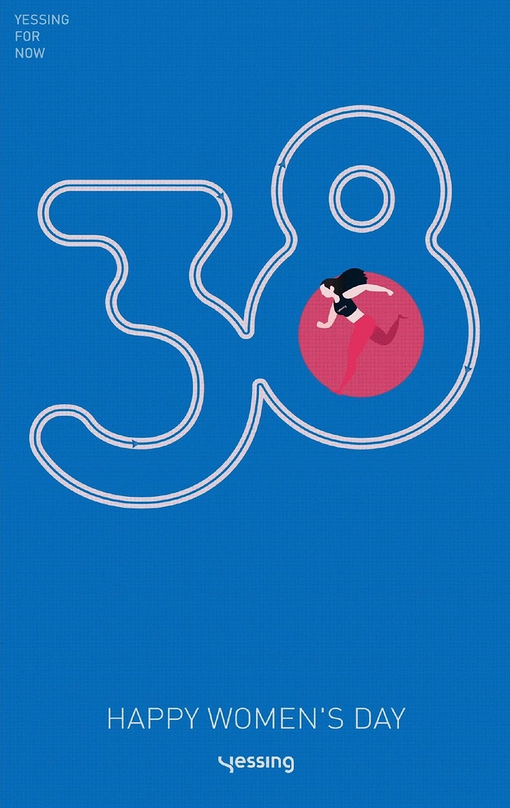 Women's Day creative ad: Numerals 38 drawn as a running track with a woman runner