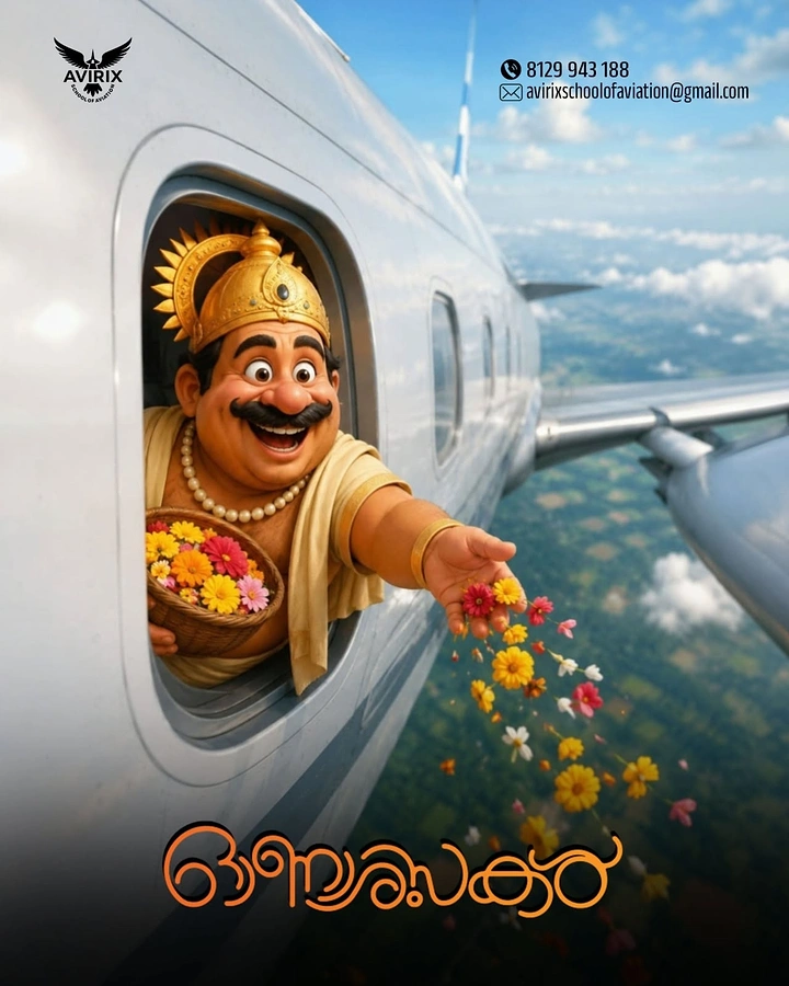 Onam creative ad: Cartoon King Mahabali tossing flowers from an airplane window