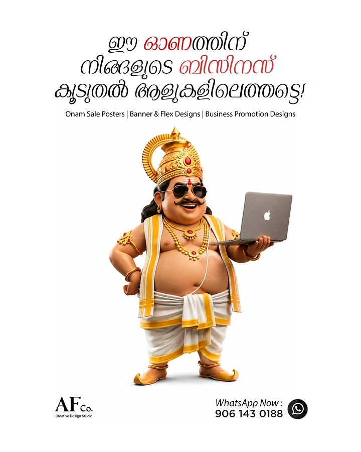 Onam creative ad: 3D cool Mahabali in sunglasses holding a laptop