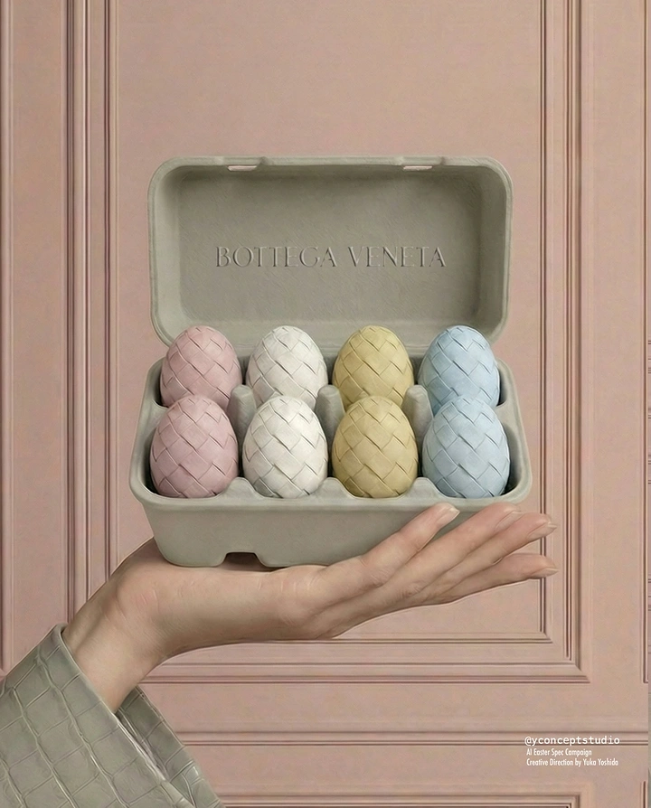 Easter creative ad: Hand holding an egg carton of pastel woven-leather eggs