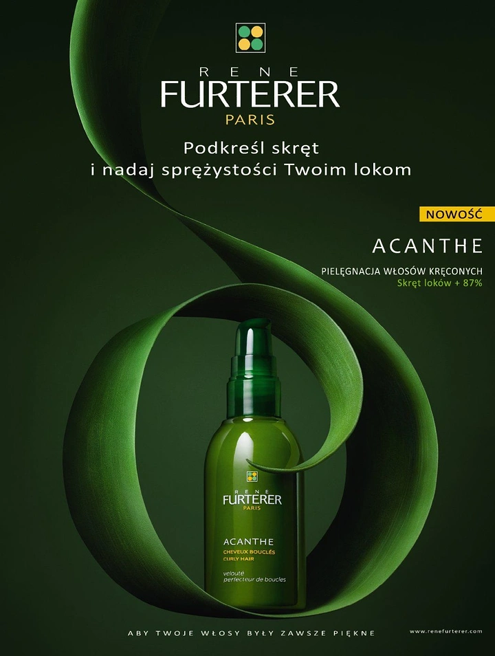 Beauty & Salon creative ad: Green curl-care bottle encircled by sculptural ribbons of curly hair