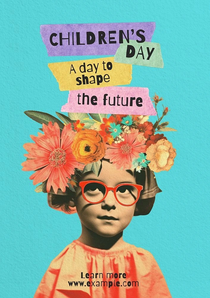 Children's Day creative ad: Vintage girl with flower bouquet head and red glasses
