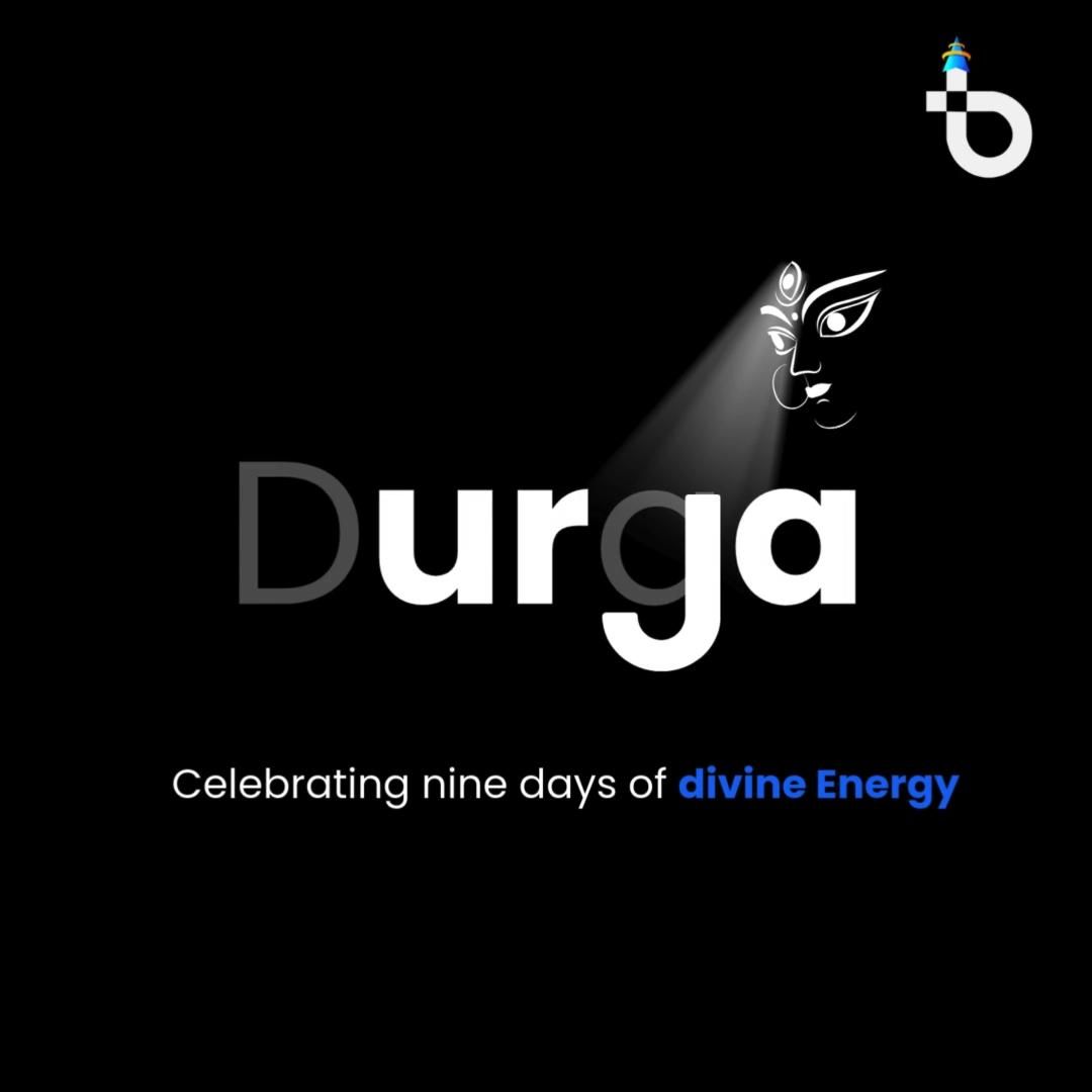 Durga face line art casting a spotlight onto a wordmark