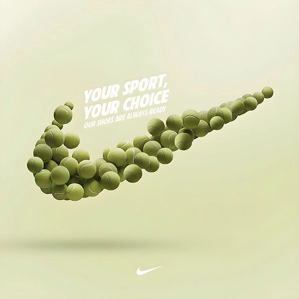 Sports creative ad: Tennis balls clustered into a brand swoosh shape