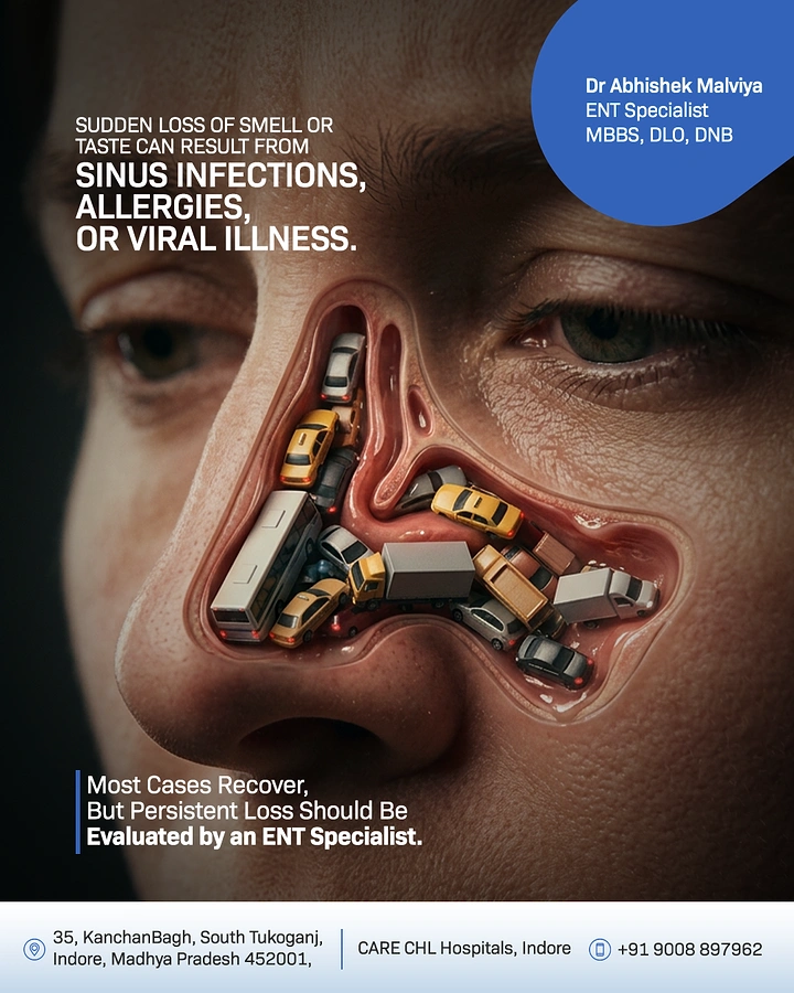 Creative ad: Close-up of a nose cut open to reveal a miniature traffic jam blocking the nasal passage