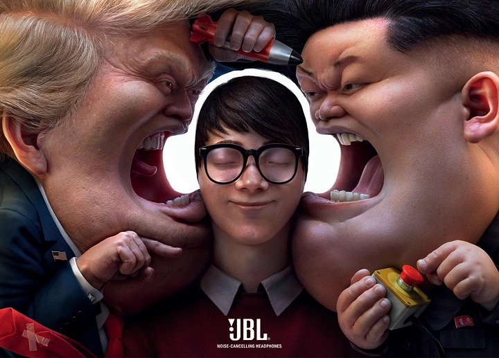 Headphones & Speakers creative ad: Surreal surrounding mouths visualize loudness