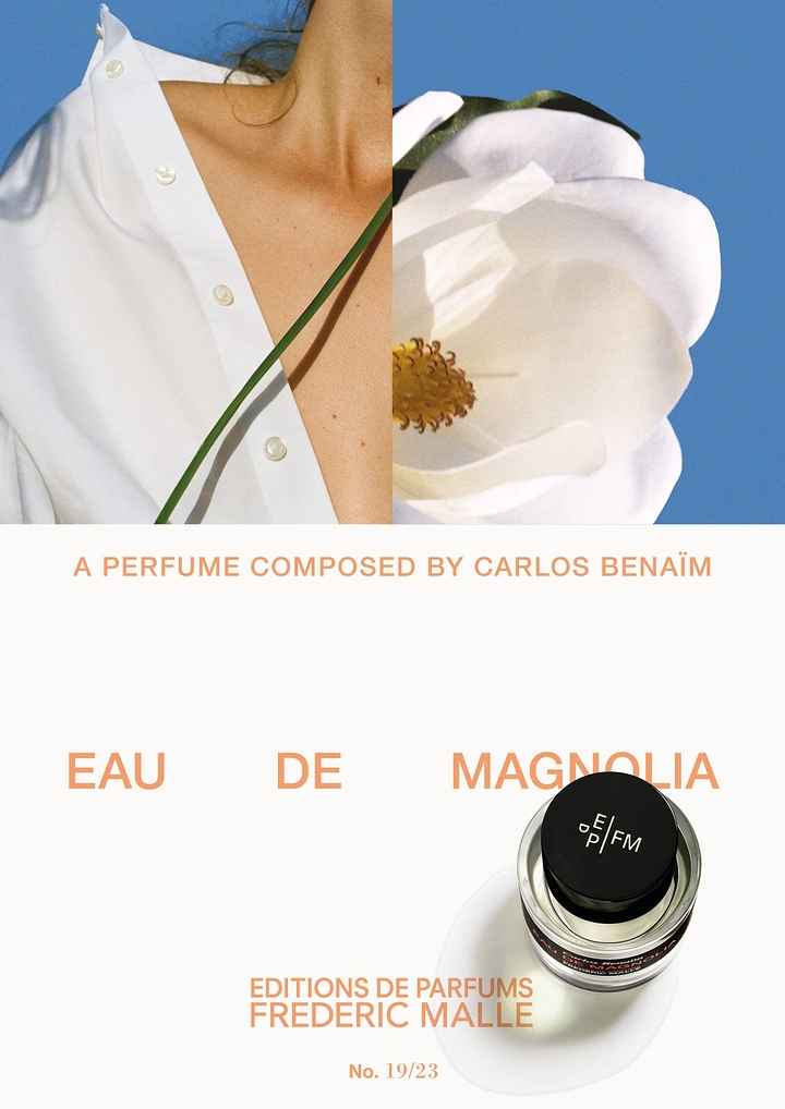 Creative ad: Split photo of an open white shirt and a magnolia bloom against blue sky, with a bottle seen from above