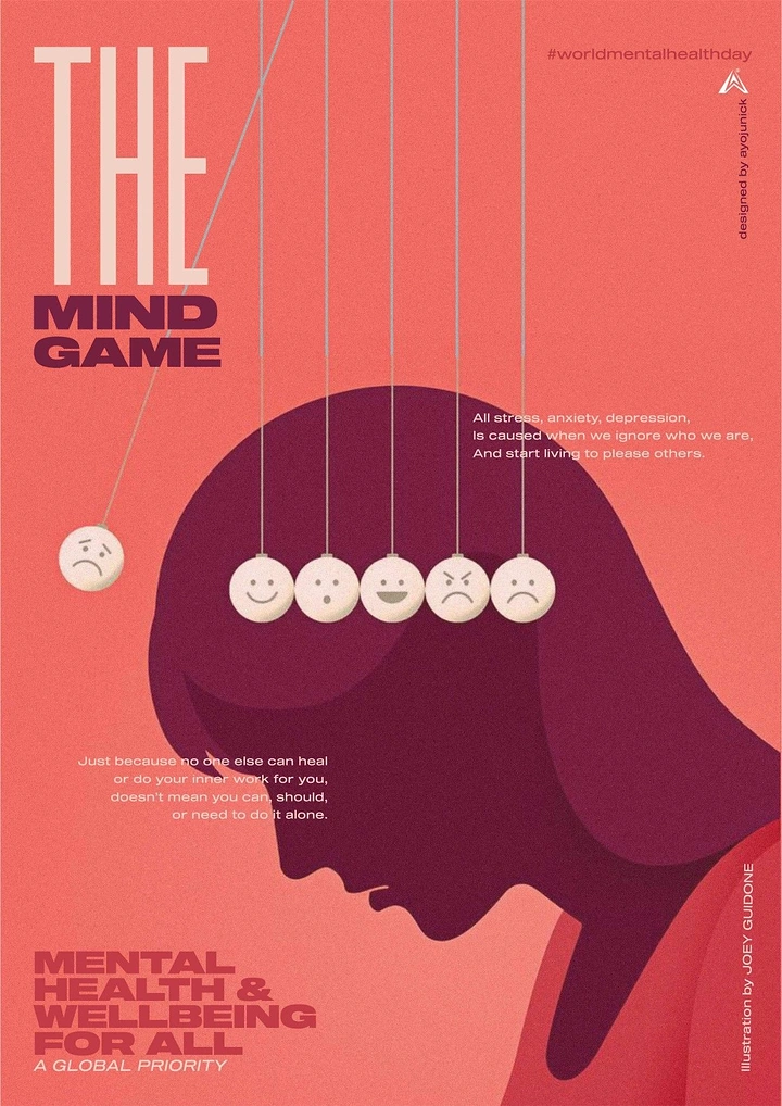 Creative ad: Bowed head silhouette with a Newton's cradle of emotion faces