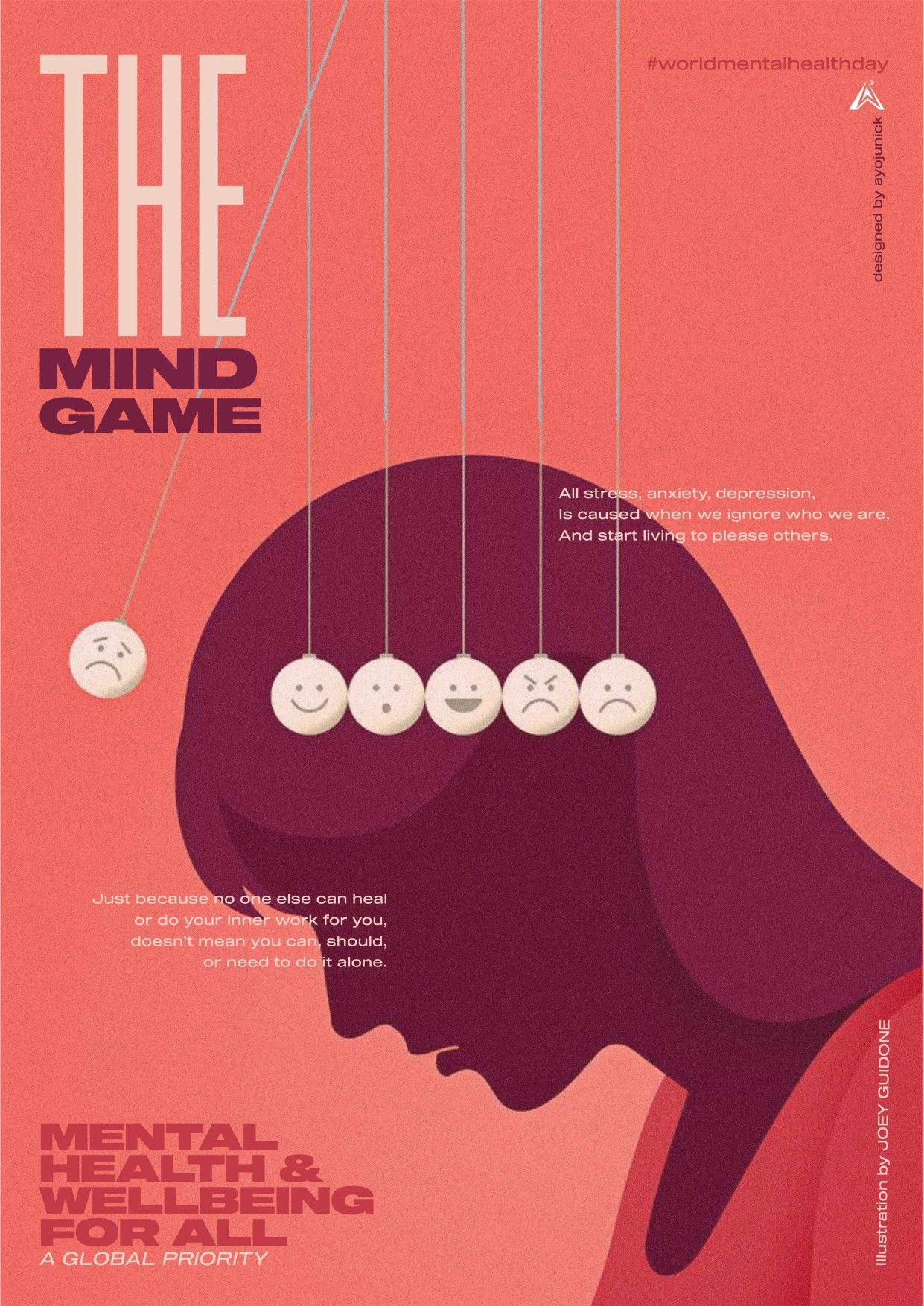 Poster: Bowed head silhouette with a Newton's cradle of emotion faces