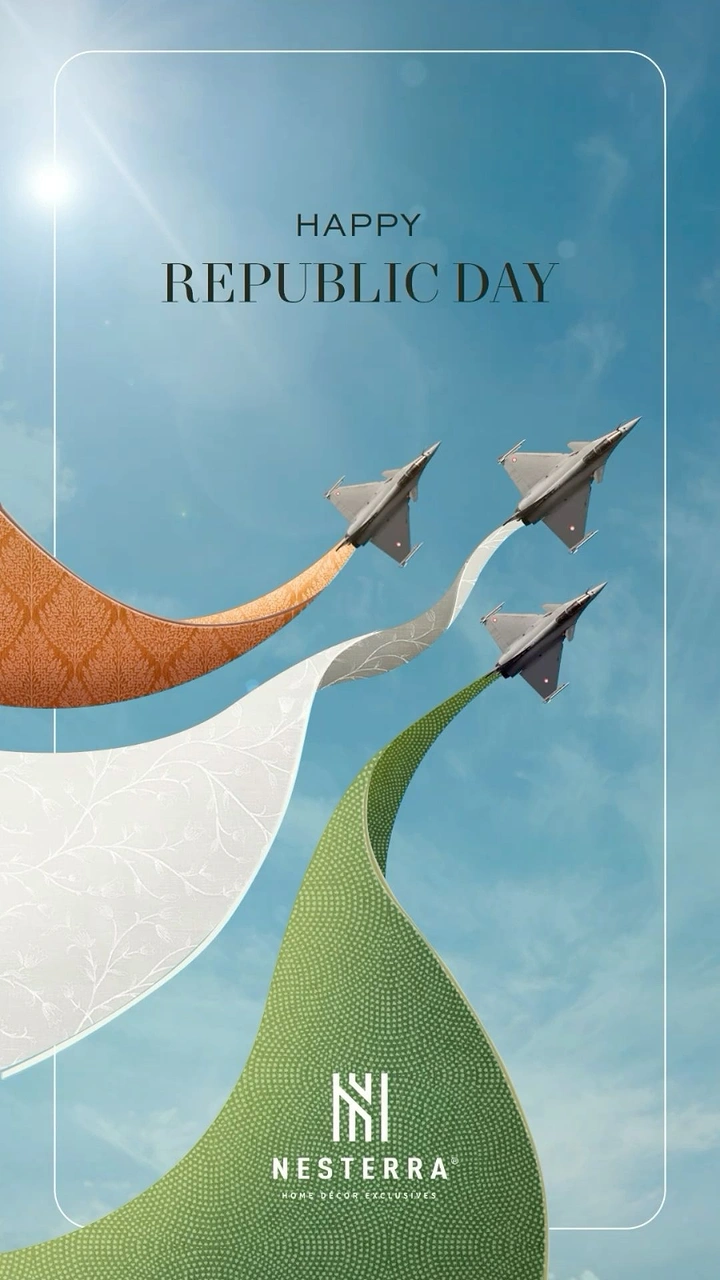 Republic Day creative ad: Three fighter jets trailing saffron, white and green patterned wallpaper ribbons