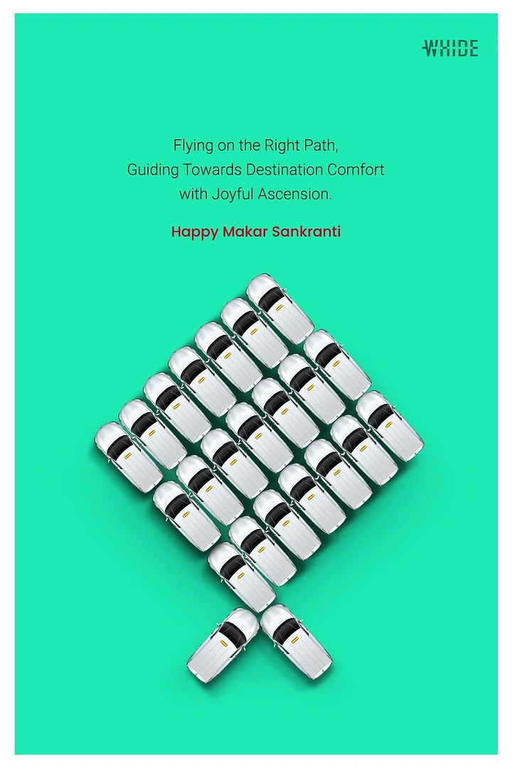 Makar Sankranti creative ad: Fleet of white cars arranged into a kite shape