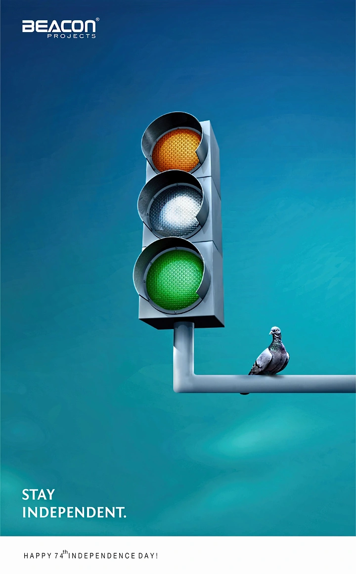 Independence Day creative ad: Traffic light glowing saffron, white and green with a pigeon on its arm