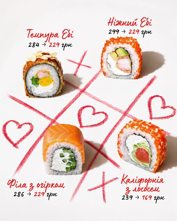Sushi & Japanese Restaurants creative ad: Sushi transforms tic-tac-toe game