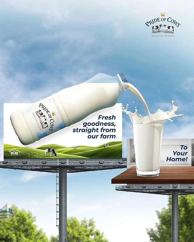Dairy Brands creative ad: Billboard bottle pours into real glass