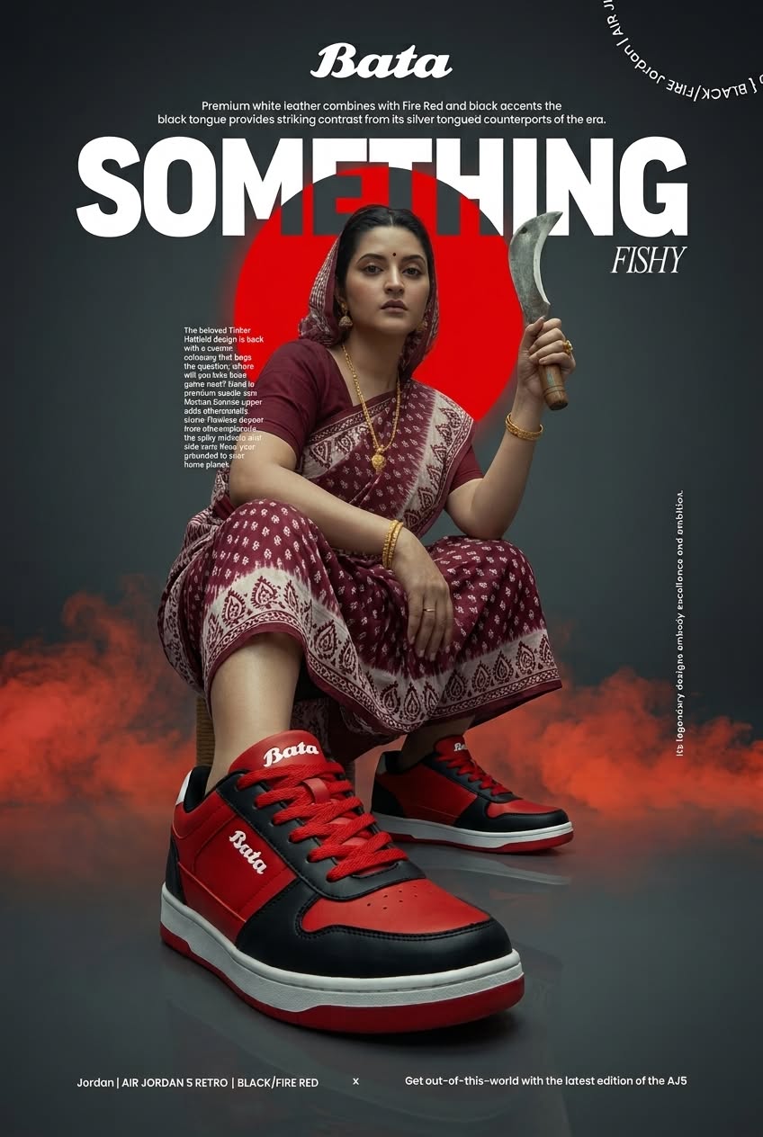 Dussehra Poster: Woman in a sari holding a sickle, styled with red-and-black sneakers