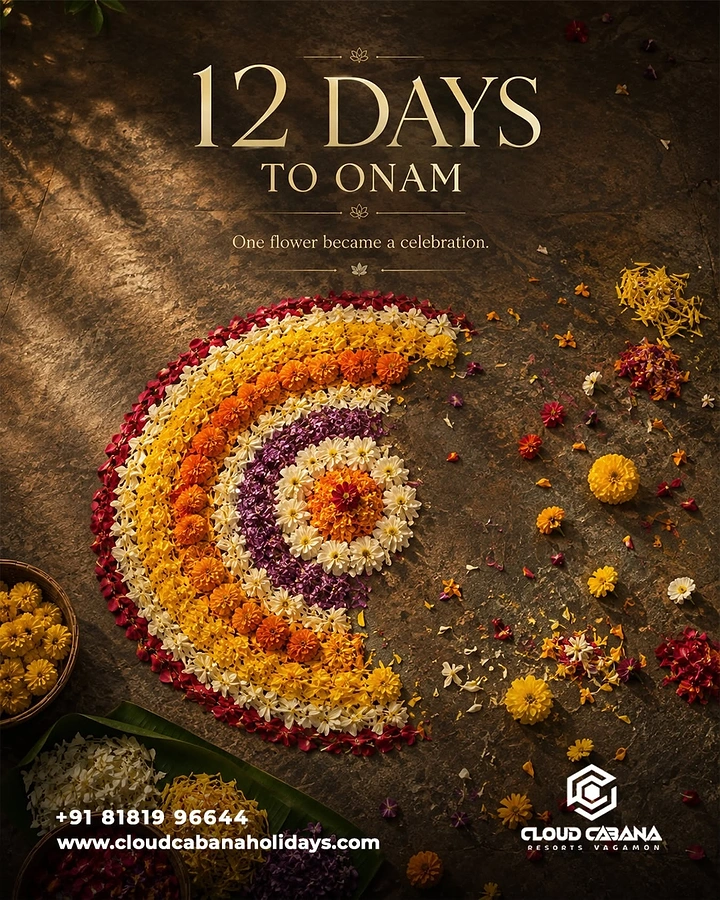 Onam creative ad: Top-down half-finished floral pookalam on a stone floor