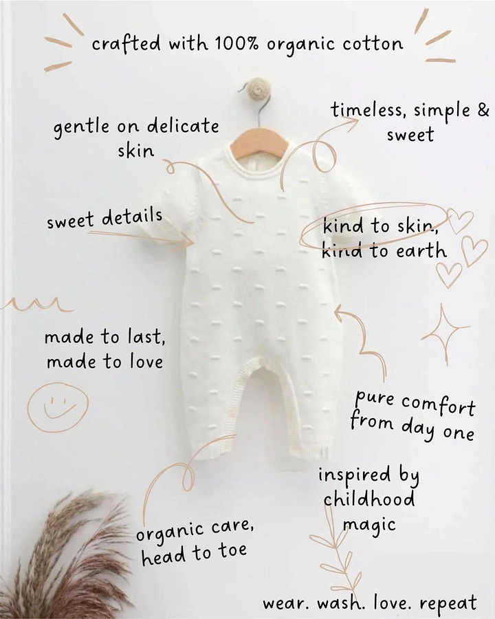 Kids Clothing creative ad: Handwritten benefit callouts around organic romper