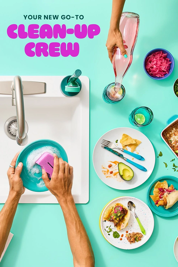 Cleaning Services creative ad: Overhead flat lay of hands washing a teal plate in a sink beside a taco meal