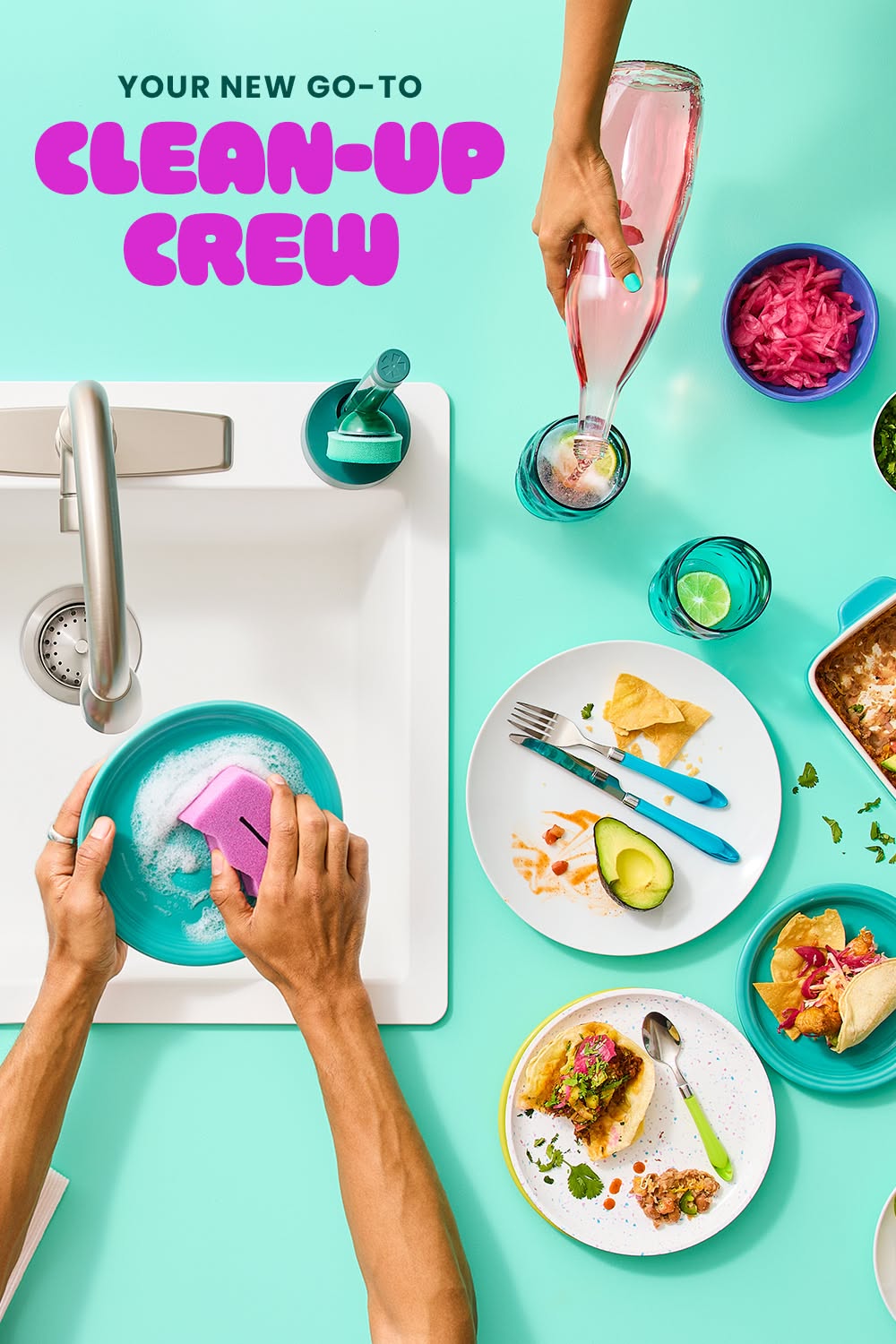 Instagram post: Overhead flat lay of hands washing a teal plate in a sink beside a taco meal