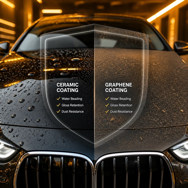 Car Wash & Detailing creative ad: Split glass shield compares coatings on hood