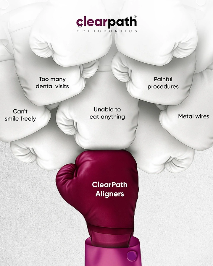 Dental creative ad: Burgundy boxing glove punching up against a crowd of white gloves