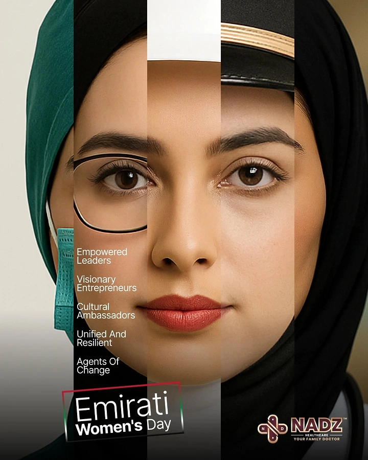 other-festival creative ad: Close-up Emirati woman's face split into vertical strips showing different professions