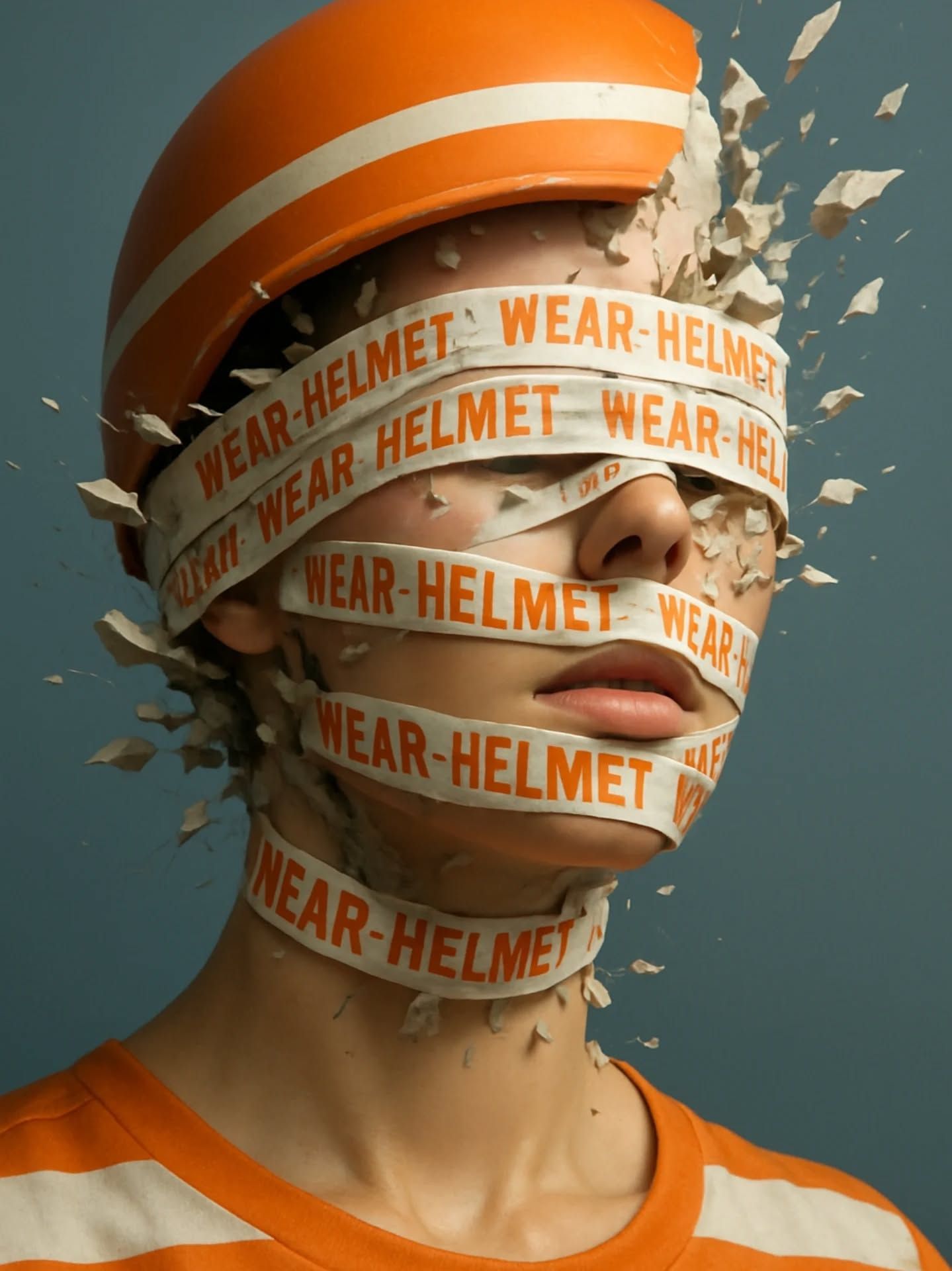 Instagram post: Young face wrapped in warning tape under a shattering orange helmet
