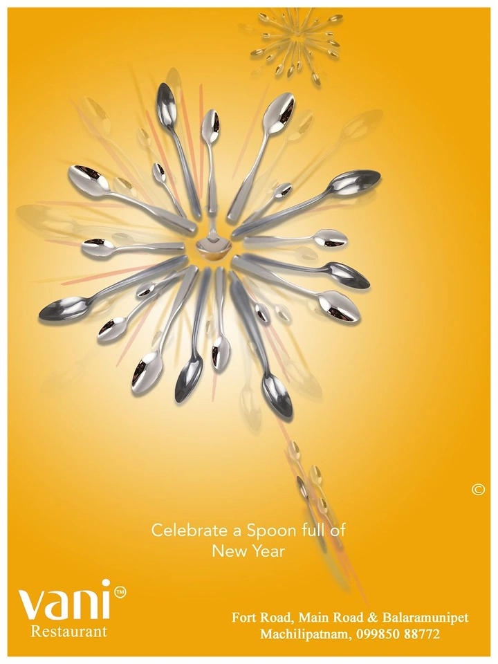 New Year creative ad: Silver spoons arranged radially into a firework burst