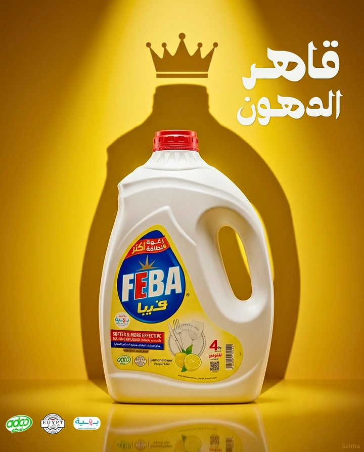 Detergents & Home Cleaning Products creative ad: White dishwashing liquid jug with crown-topped shadow