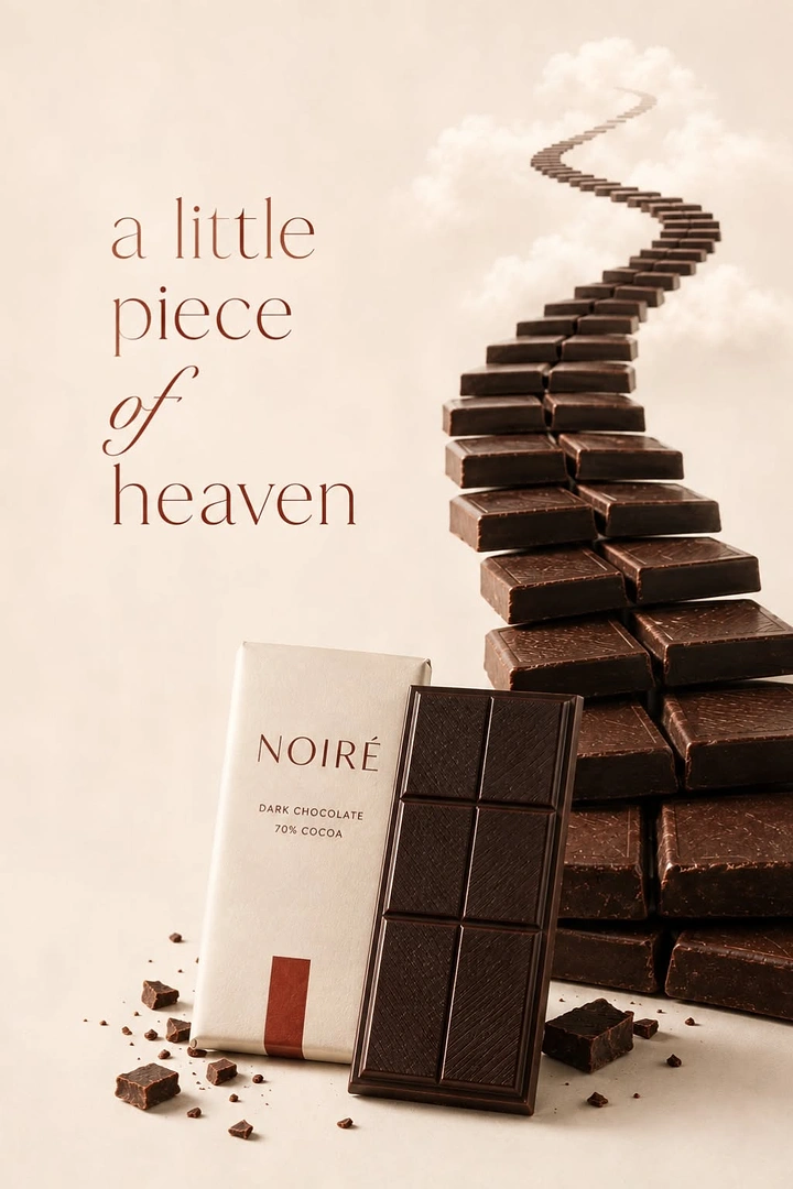 Sweet Shop creative ad: Dark chocolate squares forming a winding staircase into clouds beside a wrapped bar