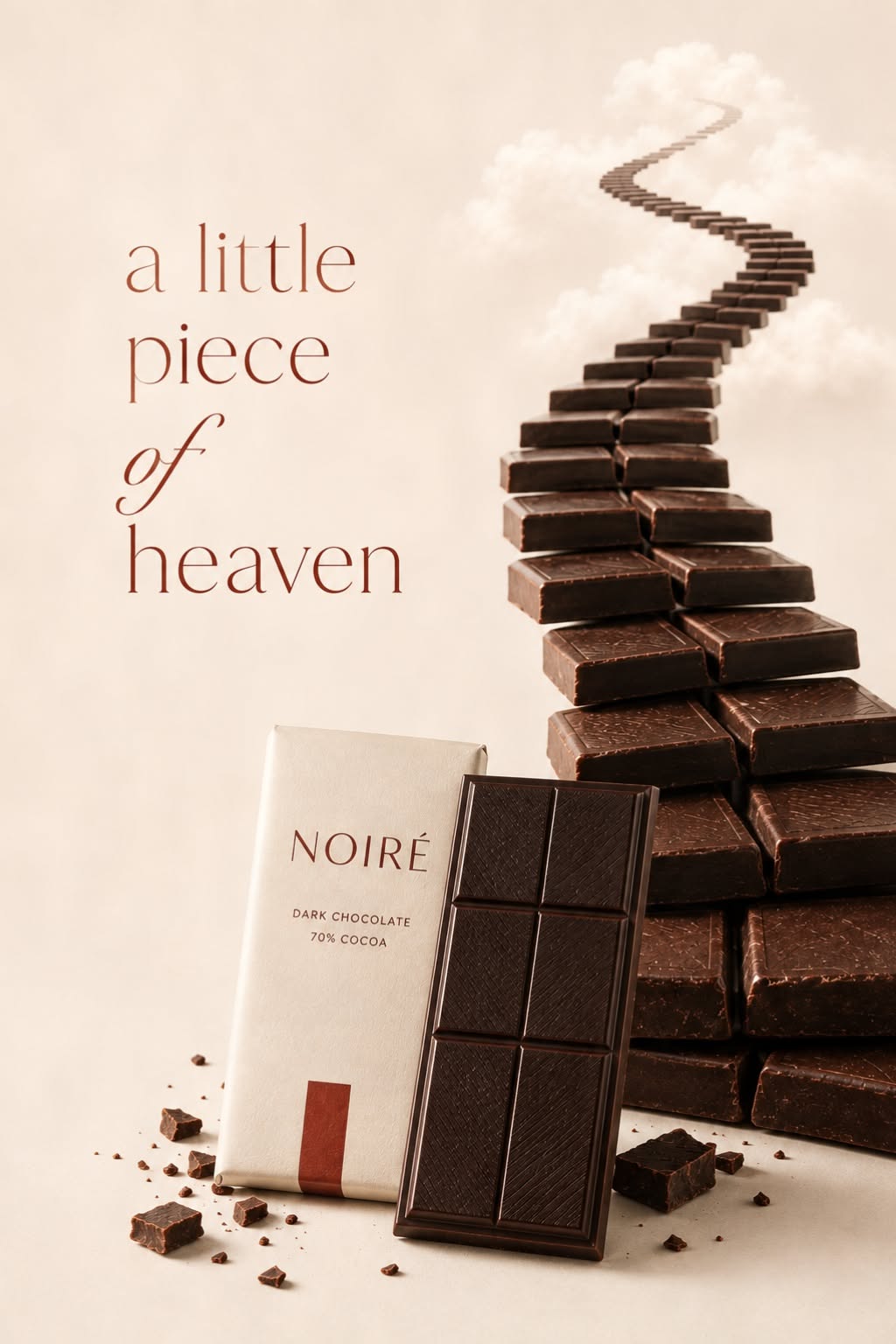 Dark chocolate squares forming a winding staircase into clouds beside a wrapped bar