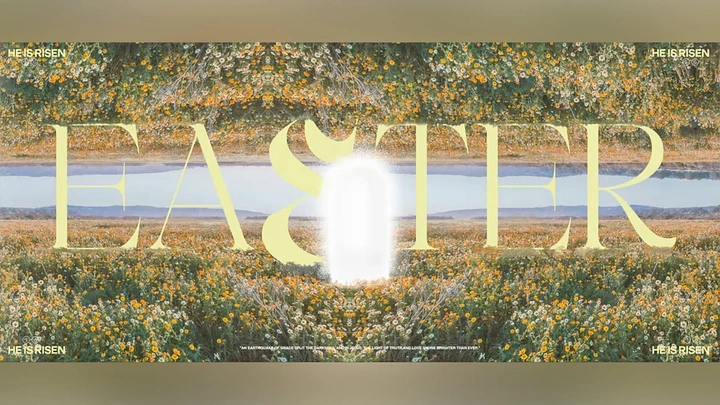 Easter creative ad: Mirrored wildflower field with glowing tomb-door light