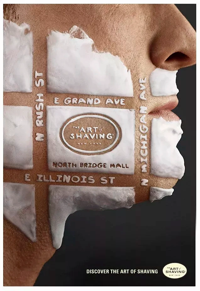Men's Grooming Brands creative ad: Shaving foam on a man's cheek shaped like a city street map