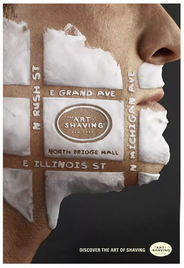 Poster: Shaving foam on a man's cheek shaped like a city street map